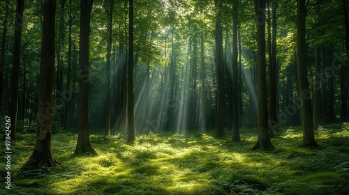 Lush green forest with sunlight streaming through the trees, symbolizing peace and fresh air Wellness, Forest, greenery, breathe