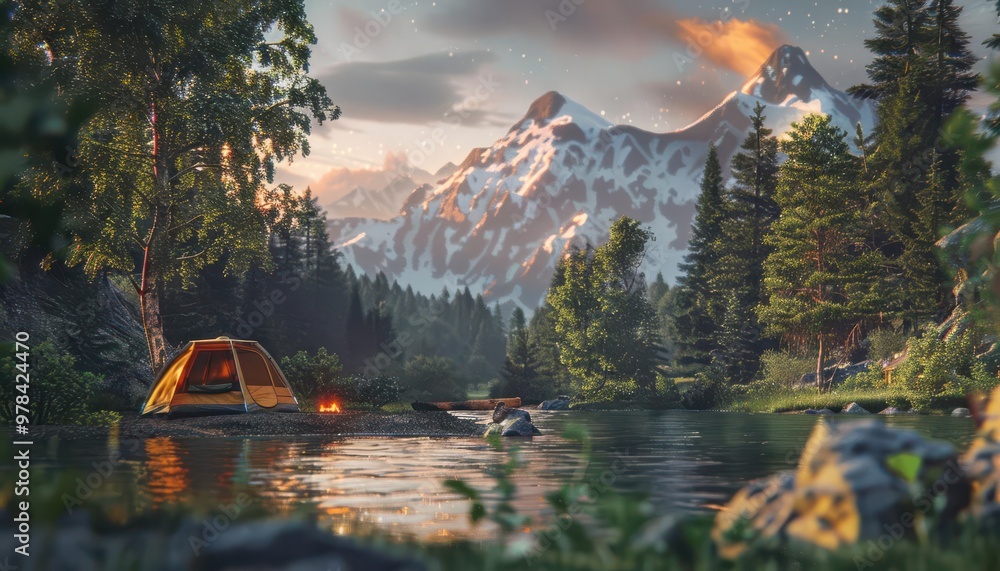 Fototapeta premium Scenic mountain landscape with a tent by a calm lake, surrounded by pine trees and snow-capped peaks, perfect for outdoor adventure and camping.