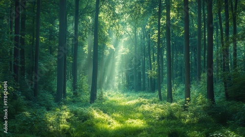 Peaceful forest scene with tall trees and a light breeze, symbolizing a deep breath of fresh air Wellness, Greenery, breathe, forest