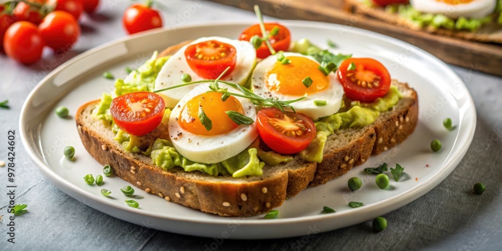 Avocado toast topped with eggs and cherry tomatoes on a white plate, avocado toast, eggs Avocado toast topped with eggs and cherry tomatoes on a white plate, avocado toast, eggs