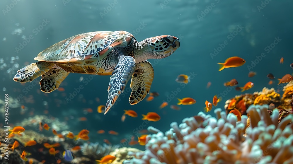 Fototapeta premium Sea Turtle Swimming Through Coral Reef with Fish