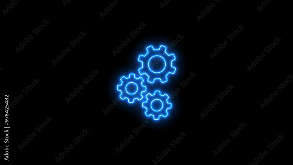 Neon Settings, Gear Line Icon. glowing gear on black background. Neon Settings, Gear Line Icon. glowing gear on black background.