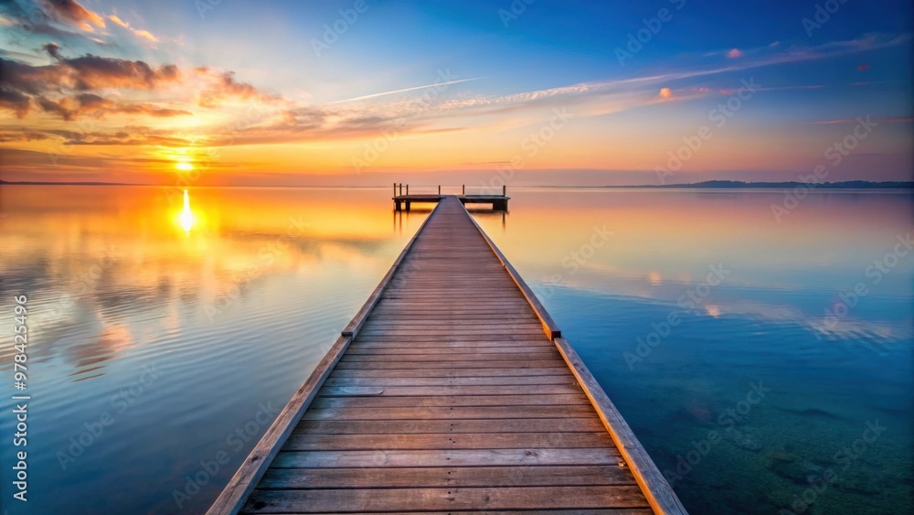 Obraz premium A tranquil pier stretching out into calm water at sunrise, tranquil, pier, serene, water, sunrise, peaceful, dock