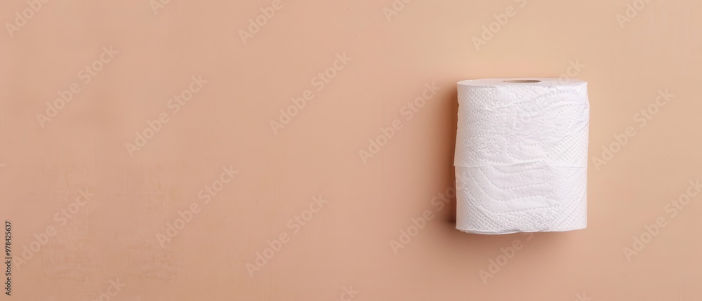 Obraz premium Toilet Paper Roll on Wall, a detailed view of a single roll of toilet paper secured against a clean, neutral-colored wall, highlighting texture and simplicity in design.