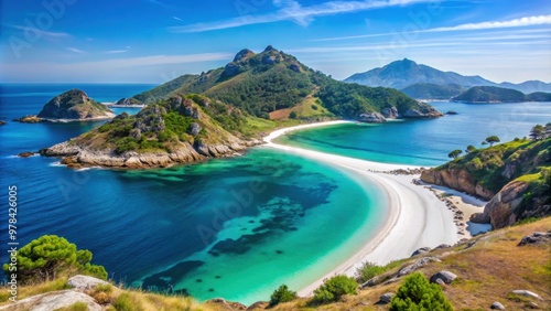 Beautiful island landscapes of Cies Islands with crystal clear waters and sandy beaches, Galicia, Spain, Atlantic Ocean