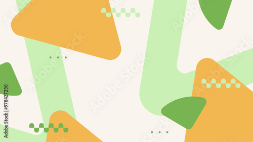 Abstract geometric background with orange and green shapes on a soft pastel surface. This vibrant abstract background features geometric shapes in orange and green set against a pastel backdrop