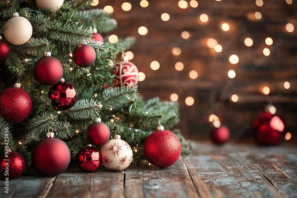 Christmas tree with red and white baubles and lights against an old wood background Christmas tree with red and white baubles and lights against an old wood background