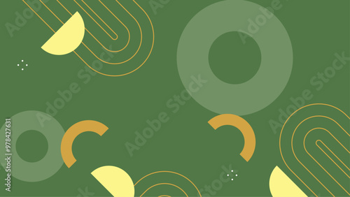 Abstract green background with geometric shapes and patterns for modern design concepts. This abstract image features a green background adorned with geometric shapes including circles and lines