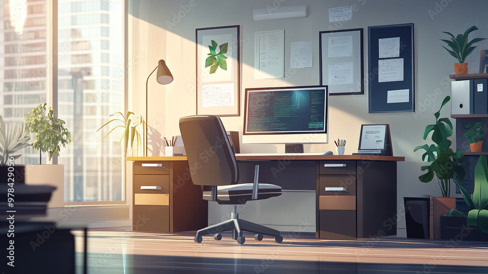 Bright and organized office workspace with modern desk, plants, and computer in sunlight Bright and organized office workspace with modern desk, plants, and computer in sunlight
