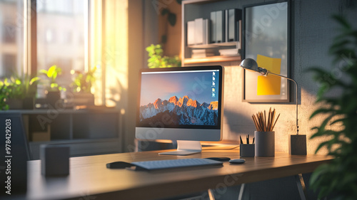 Wallpaper Mural Bright modern home office with mountain view, computer setup, and natural light in the afternoon Torontodigital.ca