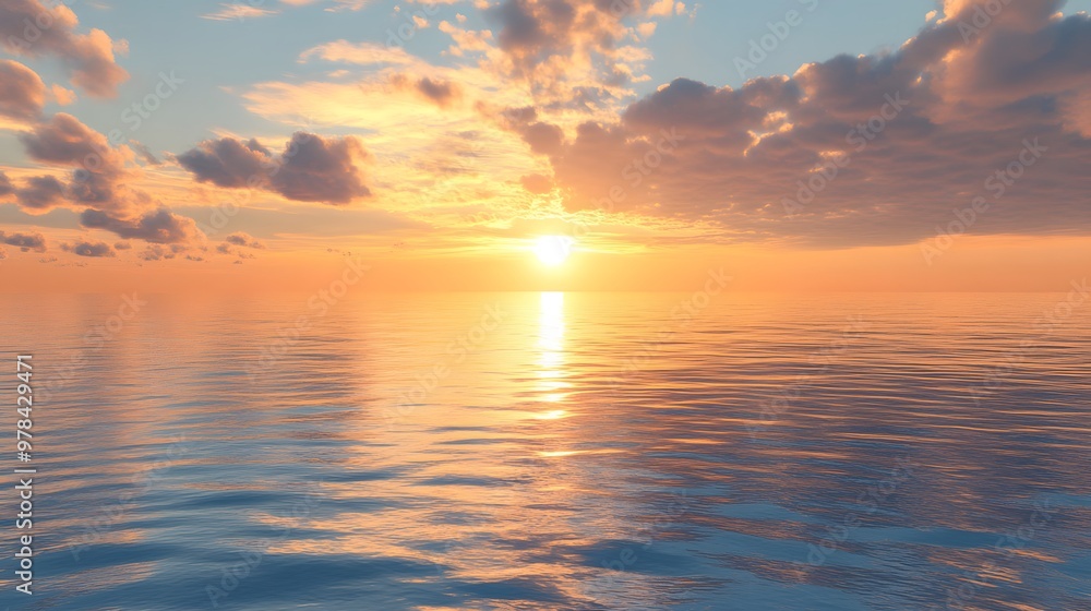 Obraz premium Beautiful illustration of a serene sunset over a calm ocean, hyper real, high quality, sharp images, graphic, illustration