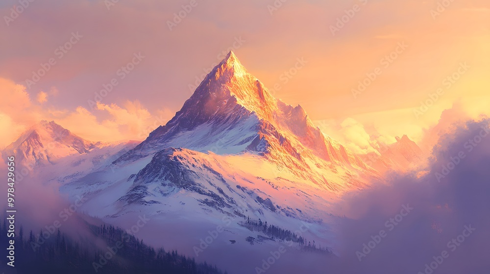 Beautifully illustrated mountain landscape, soft pastel colors, hyper real, high quality, sharp details, graphic art Beautifully illustrated mountain landscape, soft pastel colors, hyper real, high quality, sharp details, graphic art