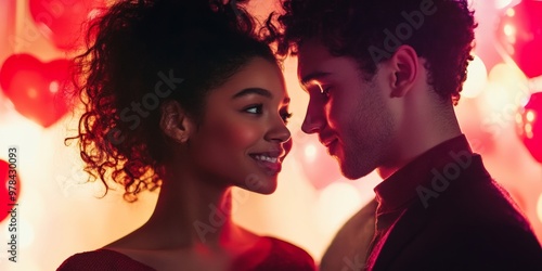 Romantic couple gazing into each other's eyes, surrounded by glowing heart-shaped bokeh lights, creating a warm and intimate atmosphere.