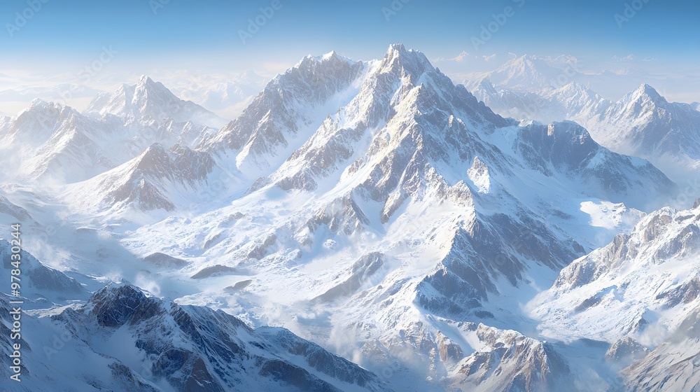 Obraz premium A stunning hyper-realistic illustration of a snowy mountain range, crisp air and clear skies, high quality, sharp images