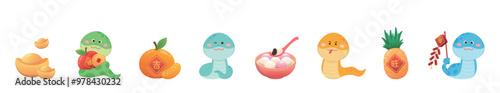 Set of cute and playful snake mascots or characters for Chinese New Year or Lantern Festival, glutinous rice balls, oranges, gold ingots, pineapples, firecrackers, translation: blessing