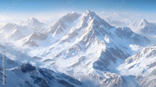 A stunning hyper-realistic illustration of a snowy mountain range, crisp air and clear skies, high quality, sharp images