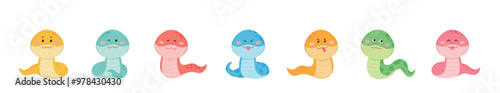 Set of snake mascots or characters, reptilian, cute and playful style, vector illustration, colorful