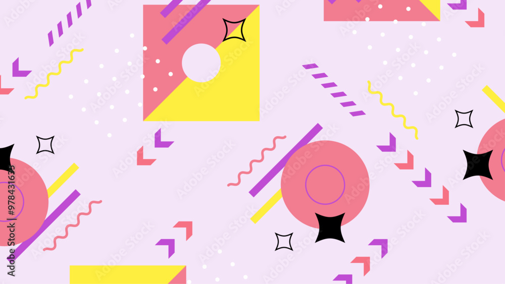 Colorful geometric abstract background with vibrant shapes and patterns in a retro 80s style design. A dynamic and colorful abstract background featuring geometric shapes and playful patterns Colorful geometric abstract background with vibrant shapes and patterns in a retro 80s style design. A dynamic and colorful abstract background featuring geometric shapes and playful patterns