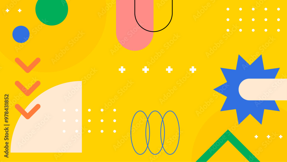 Vibrant abstract geometric pattern in bold colors with shapes on a vivid yellow background. A vibrant abstract design featuring geometric shapes in bold colors including blue green pink and orange Vibrant abstract geometric pattern in bold colors with shapes on a vivid yellow background. A vibrant abstract design featuring geometric shapes in bold colors including blue green pink and orange