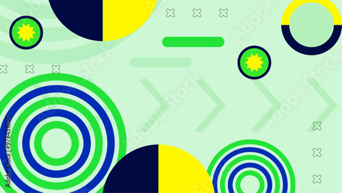 Abstract geometric background featuring bold circular patterns and vibrant green blue and yellow colors. Eye-catching abstract geometric design showcasing dynamic circular patterns