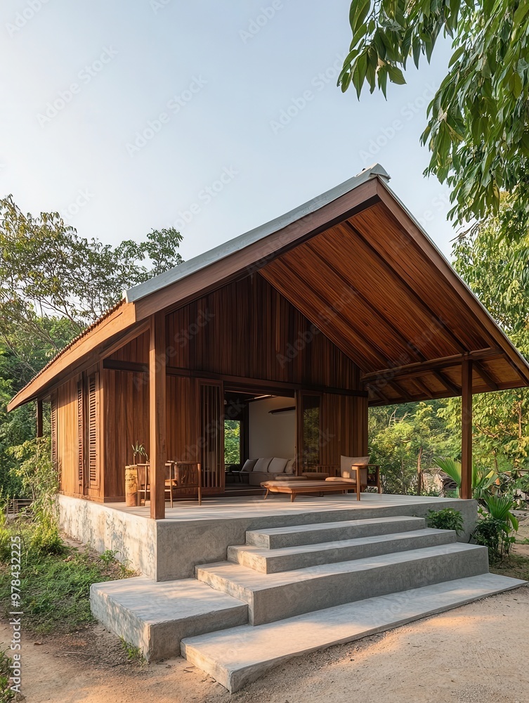 A charming wooden house surrounded by nature, featuring a spacious porch and modern architecture that blends with the outdoors.