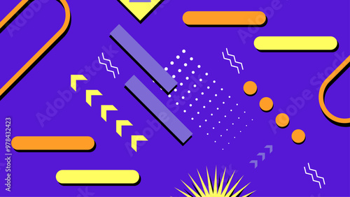 Vibrant geometric abstract background with colorful shapes and patterns on a deep purple backdrop. Dynamic and colorful abstract geometric background featuring an array of vibrant shapes and patterns