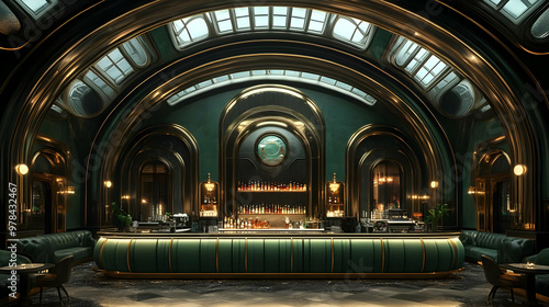 Emerald Green and Gold Bar Interior Design with Arched Ceilings and a Luxurious Atmosphere photo