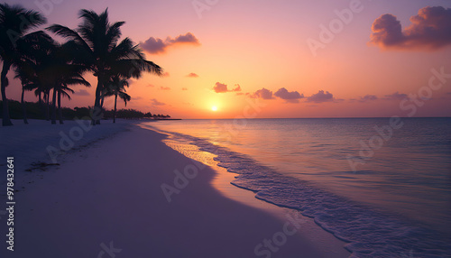 Serene sunset over a tropical beach with palm trees silhouetted against a vibrant sky.