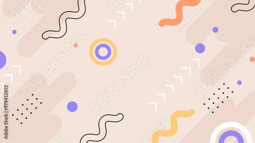 Abstract geometric retro pattern with wavy lines and circles on a beige background. This colorful abstract design features wavy lines and circles creating a vibrant retro pattern on beige background