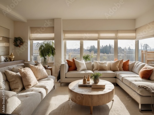 Modern Living Room with White Sectional Sofa, Wooden Coffee Table, and Natural Light