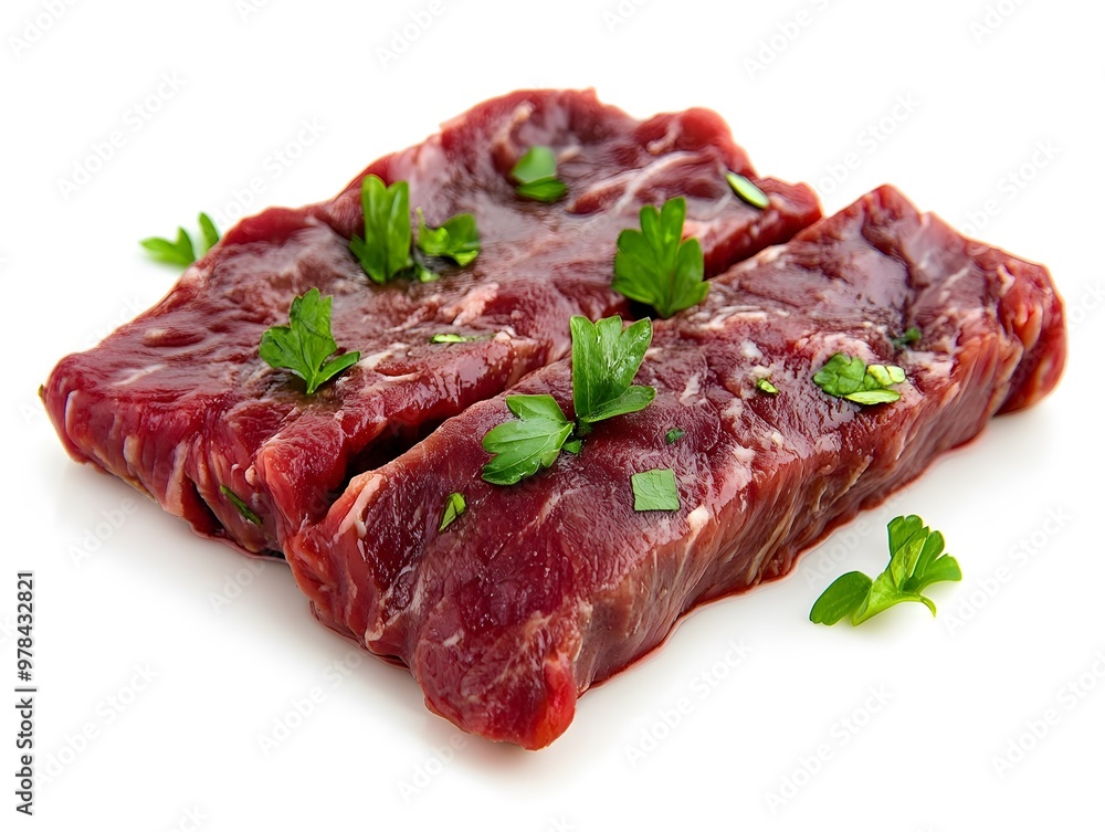 Three raw beef steaks with parsley garnish isolated on white background. Three raw beef steaks with parsley garnish isolated on white background.