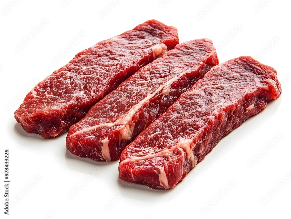 Fototapeta premium Three raw beef steaks isolated on white background.