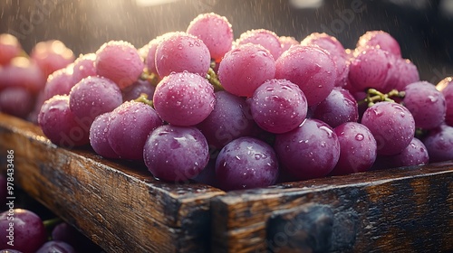 A close-up of a wooden crate filled with plump red grapes, glistening with dew drops in the warm light. photo