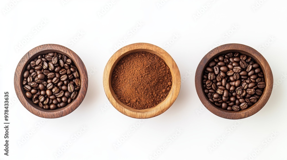 8. Artistic flat lay composition of roasted coffee beans and coffee powder in wooden bowls, set against a stark white background for a minimalist look 8. Artistic flat lay composition of roasted coffee beans and coffee powder in wooden bowls, set against a stark white background for a minimalist look