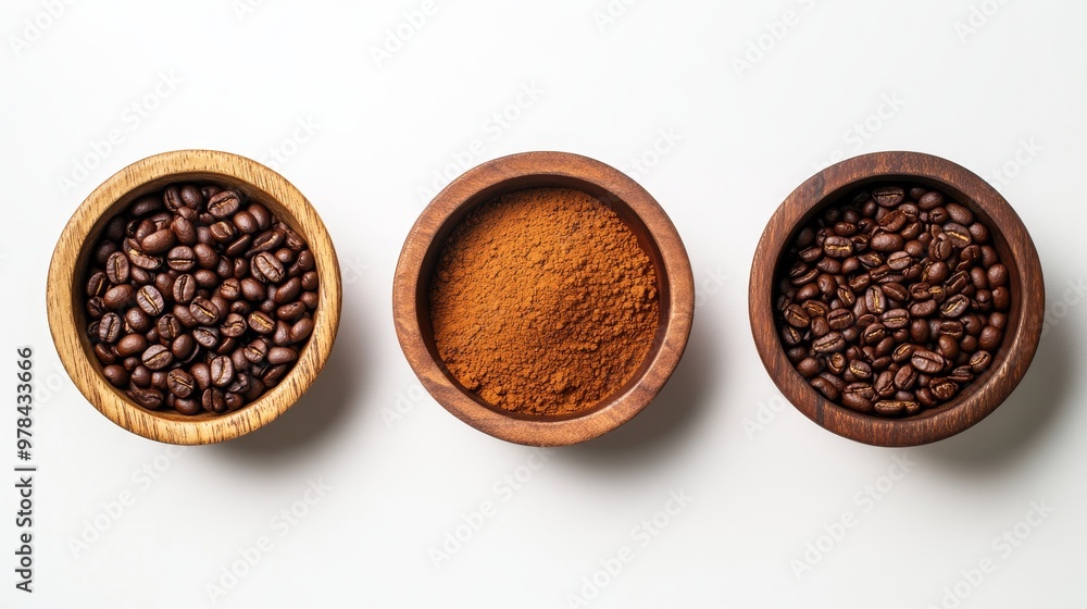 8. Artistic flat lay composition of roasted coffee beans and coffee powder in wooden bowls, set against a stark white background for a minimalist look 8. Artistic flat lay composition of roasted coffee beans and coffee powder in wooden bowls, set against a stark white background for a minimalist look