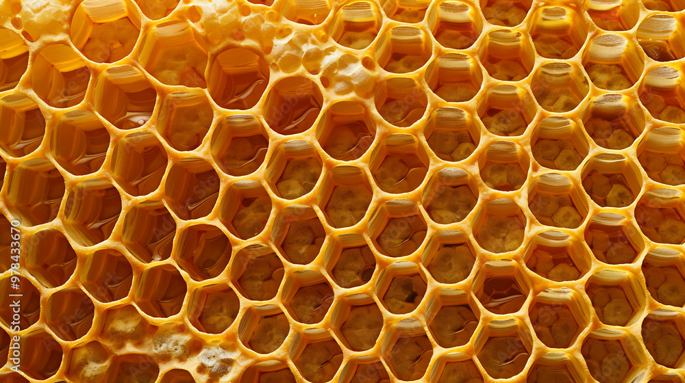 A macro shot of a honeycomb, revealing the intricate hexagonal structure and glistening honey. A macro shot of a honeycomb, revealing the intricate hexagonal structure and glistening honey.
