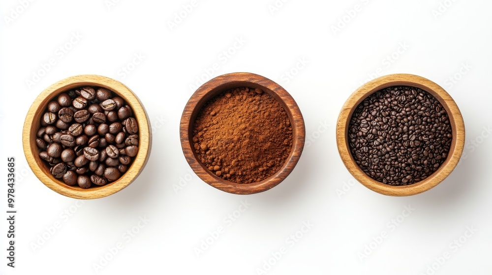 9. High-resolution top view of roasted coffee beans and coffee powder in natural wooden bowls, displayed on a bright white background 9. High-resolution top view of roasted coffee beans and coffee powder in natural wooden bowls, displayed on a bright white background
