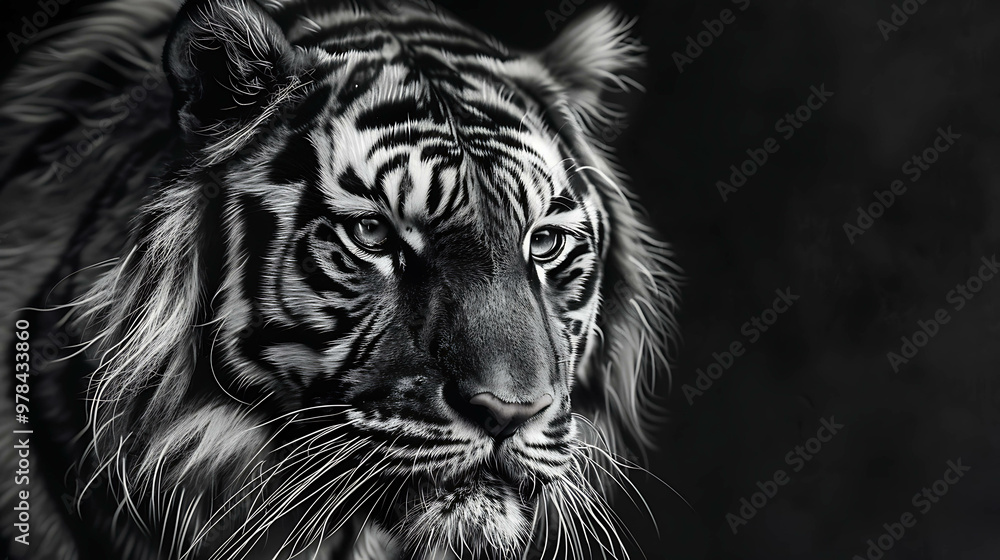 A black and white close-up portrait of a majestic tiger, its stripes and fur beautifully rendered. A black and white close-up portrait of a majestic tiger, its stripes and fur beautifully rendered.
