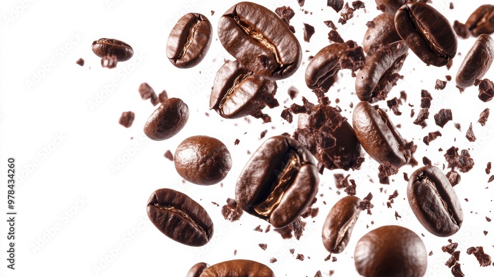 21. Close-up shot of coffee beans breaking apart mid-air, with fragments and whole beans suspended against a white background, creating an explosive visual effect 21. Close-up shot of coffee beans breaking apart mid-air, with fragments and whole beans suspended against a white background, creating an explosive visual effect