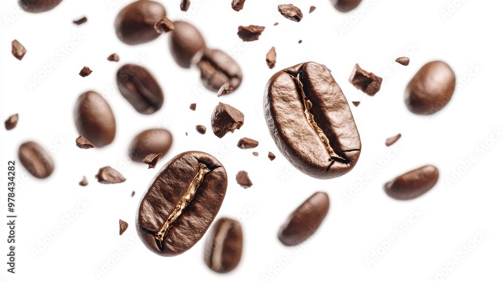 21. Close-up shot of coffee beans breaking apart mid-air, with fragments and whole beans suspended against a white background, creating an explosive visual effect 21. Close-up shot of coffee beans breaking apart mid-air, with fragments and whole beans suspended against a white background, creating an explosive visual effect