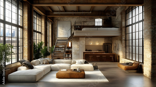 Industrial Loft Design: Modern Living with Exposed Brick and Large Windows