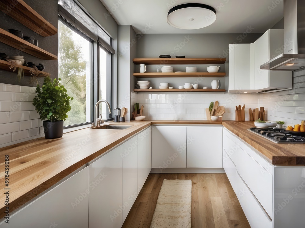 Fototapeta premium Modern Kitchen with White Cabinets, Wood Countertops, and a Window
