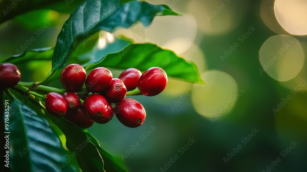 39. Macro shot of fresh red coffee cherries with glossy skins, attached to branches with green leaves, highlighting the natural beauty and vibrancy of the coffee plant 39. Macro shot of fresh red coffee cherries with glossy skins, attached to branches with green leaves, highlighting the natural beauty and vibrancy of the coffee plant