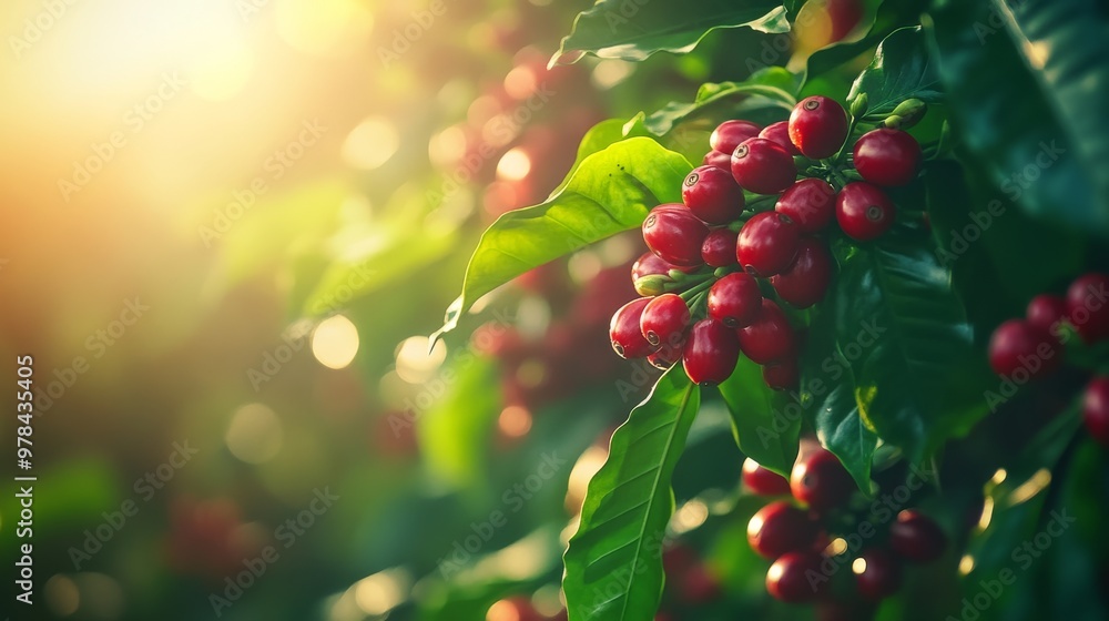 40. Close-up image of organic red coffee cherries, with detailed textures and bright green leaves, set against the backdrop of a coffee tree plantation 40. Close-up image of organic red coffee cherries, with detailed textures and bright green leaves, set against the backdrop of a coffee tree plantation