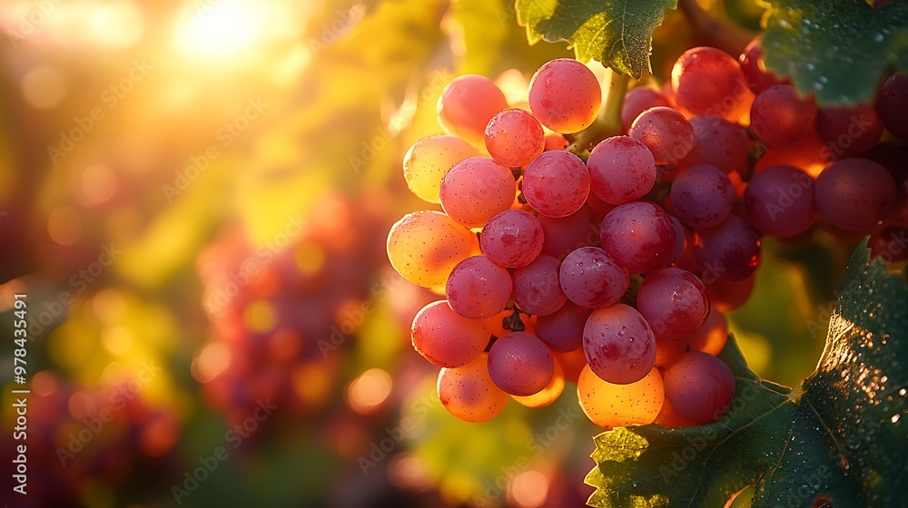 A cluster of ripe red grapes hang from a vine, bathed in the warm glow of the setting sun. A cluster of ripe red grapes hang from a vine, bathed in the warm glow of the setting sun.
