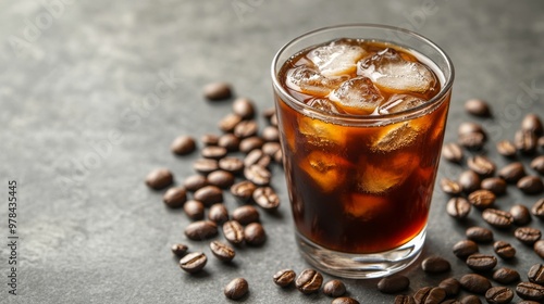 42. Refreshing iced americano coffee in a clear glass, with coffee beans artfully arranged on a grey surface, capturing the essence of a chic coffee shop environment