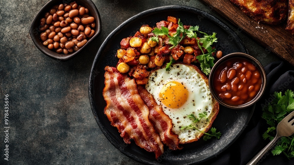 Hearty Breakfast with Fried Egg, Bacon, and Beans Hearty Breakfast with Fried Egg, Bacon, and Beans