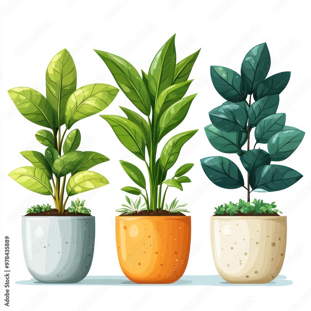 Illustration of Three Green Plants in Pots Illustration of Three Green Plants in Pots