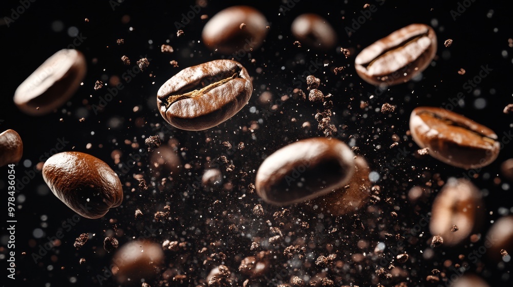 54. Intense coffee bean explosion with whole and crushed beans suspended mid-air, creating a chaotic and energetic scene on a dark background 54. Intense coffee bean explosion with whole and crushed beans suspended mid-air, creating a chaotic and energetic scene on a dark background