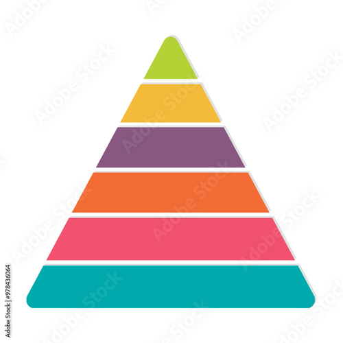 Pyramid chart infographic 6 levels. Flat color design. Vector Illustration.